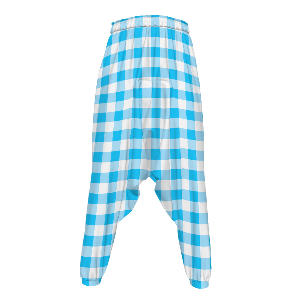 Cyan Blue And White Gingham Print Hammer Pants