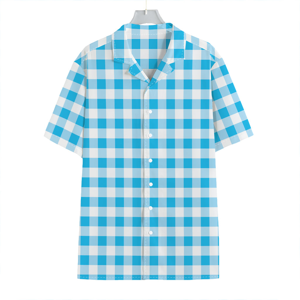 Cyan Blue And White Gingham Print Hawaiian Shirt