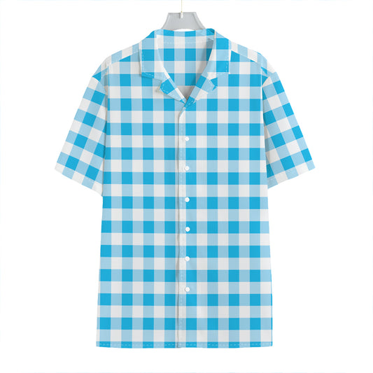 Cyan Blue And White Gingham Print Hawaiian Shirt