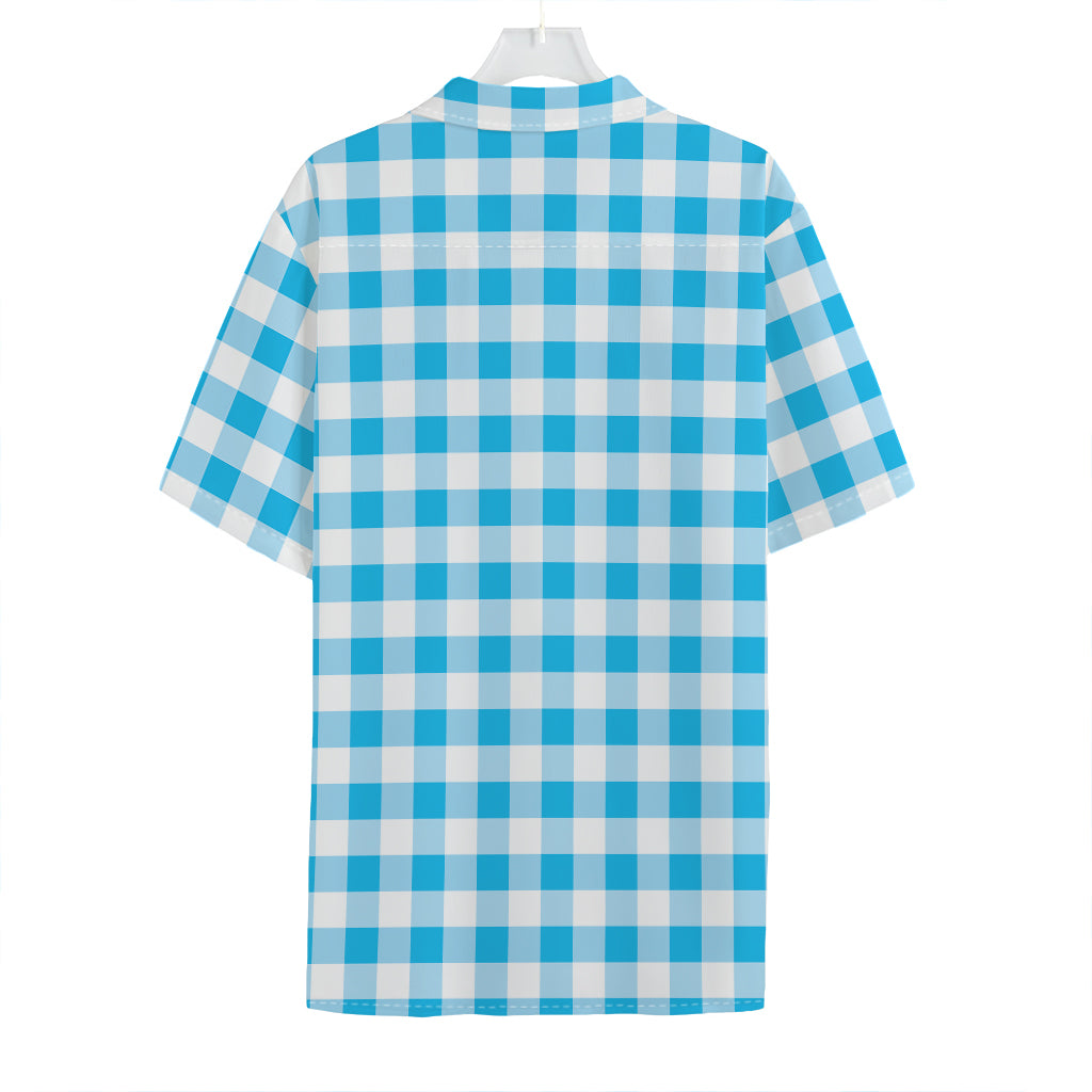 Cyan Blue And White Gingham Print Hawaiian Shirt