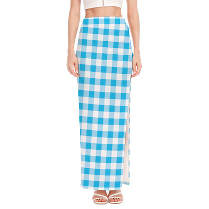 Cyan Blue And White Gingham Print High Slit Maxi Skirt