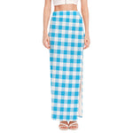 Cyan Blue And White Gingham Print High Slit Maxi Skirt