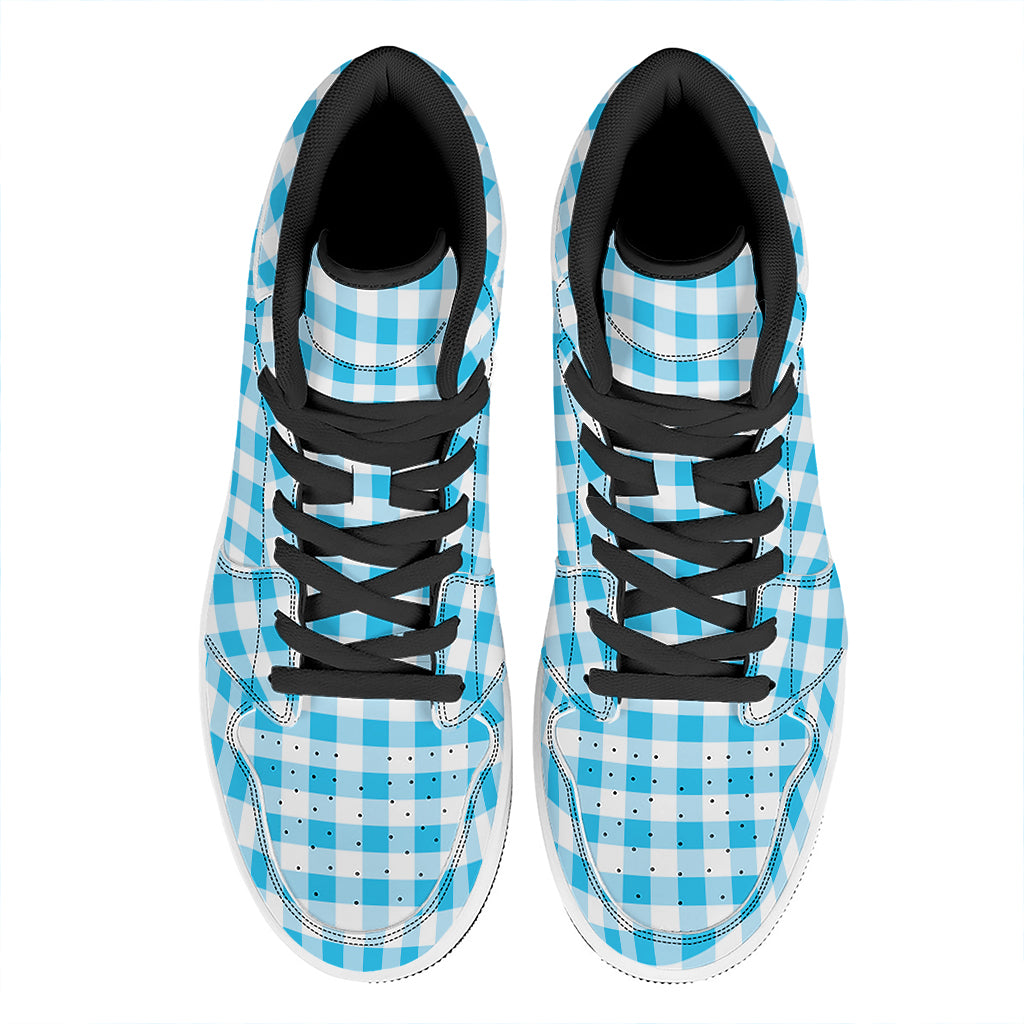Cyan Blue And White Gingham Print High Top Leather Sneakers
