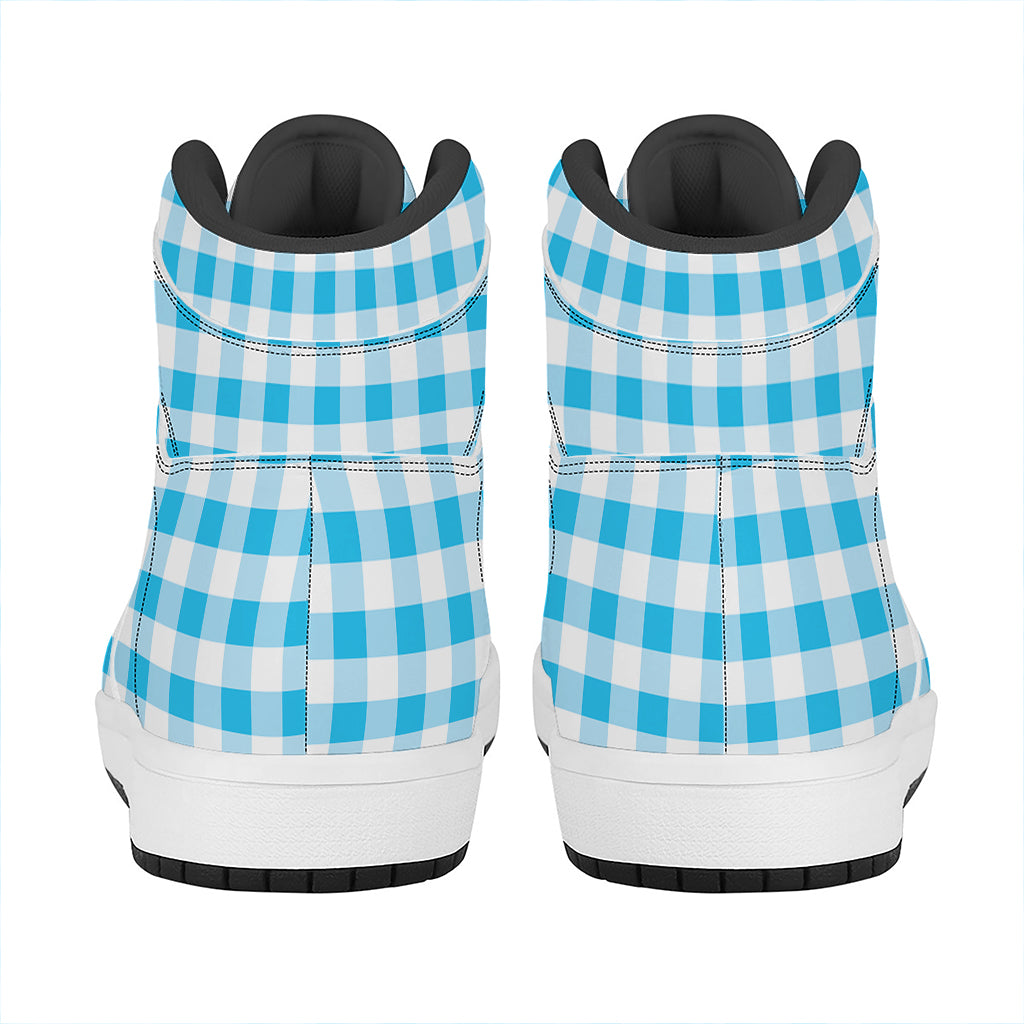 Cyan Blue And White Gingham Print High Top Leather Sneakers