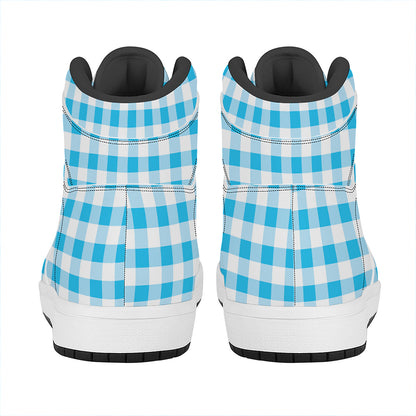 Cyan Blue And White Gingham Print High Top Leather Sneakers