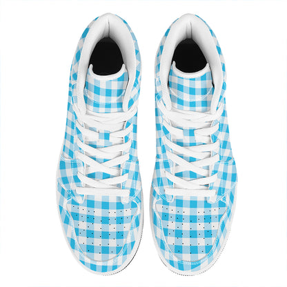 Cyan Blue And White Gingham Print High Top Leather Sneakers