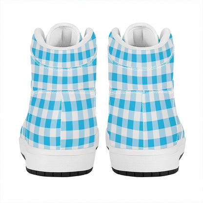 Cyan Blue And White Gingham Print High Top Leather Sneakers