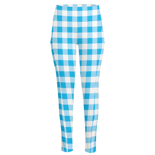 Cyan Blue And White Gingham Print High-Waisted Pocket Leggings