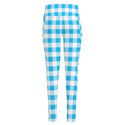 Cyan Blue And White Gingham Print High-Waisted Pocket Leggings