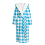 Cyan Blue And White Gingham Print Hooded Bathrobe
