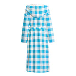 Cyan Blue And White Gingham Print Hooded Bathrobe