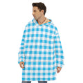 Cyan Blue And White Gingham Print Hoodie Blanket
