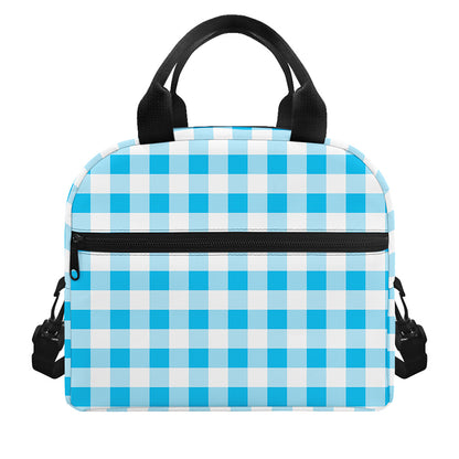 Cyan Blue And White Gingham Print Insulated Lunch Bag
