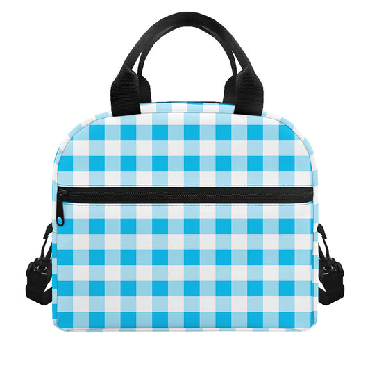 Cyan Blue And White Gingham Print Insulated Lunch Bag