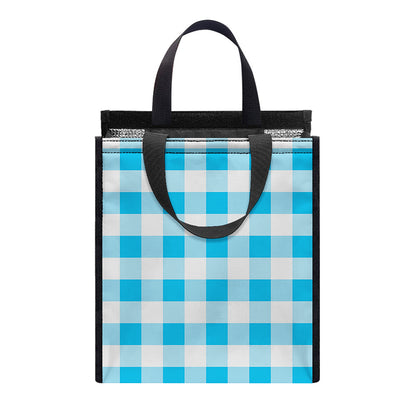 Cyan Blue And White Gingham Print Insulated Lunch Tote