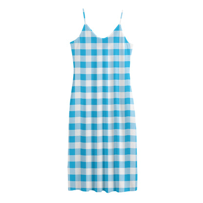 Cyan Blue And White Gingham Print Jersey Midi Cami Dress