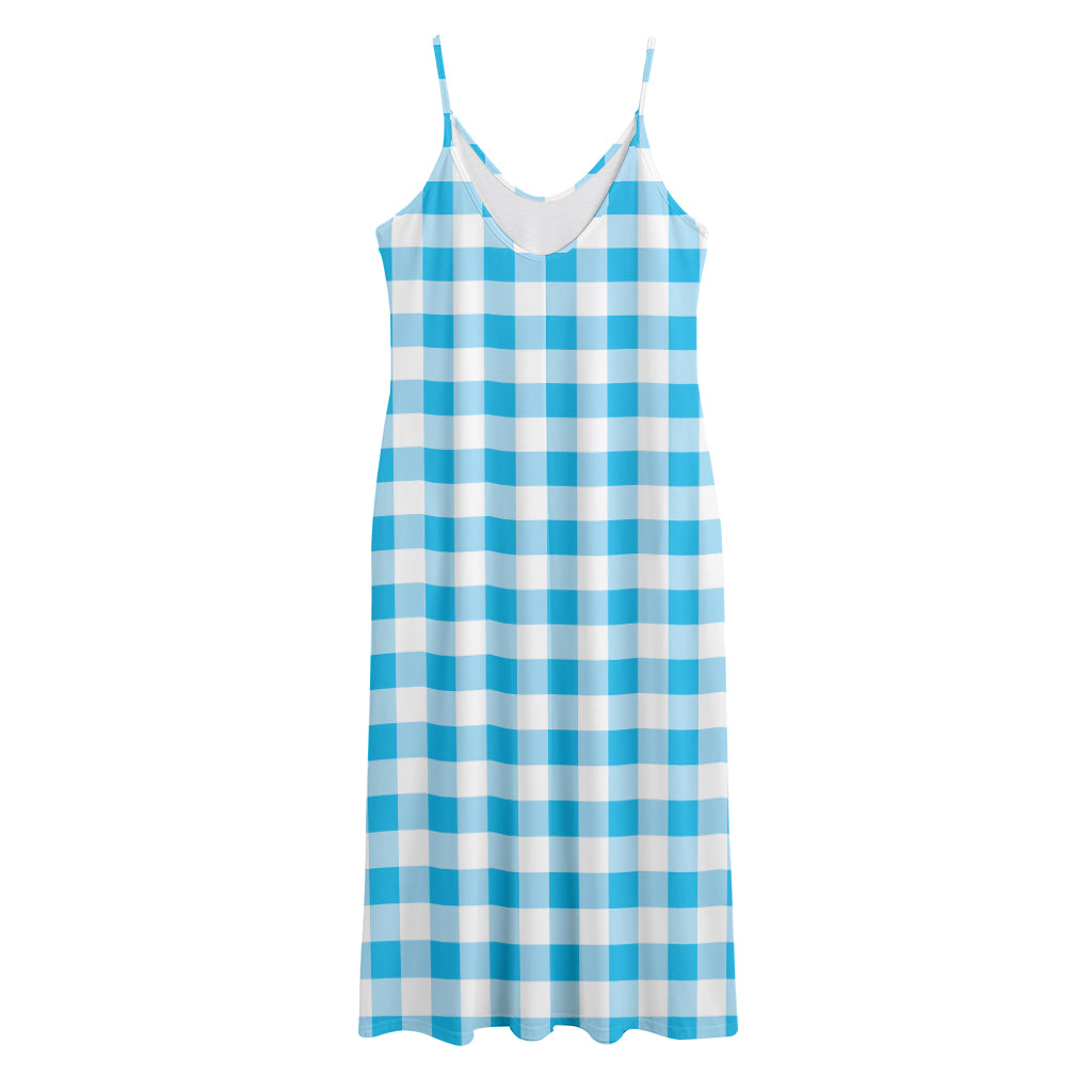 Cyan Blue And White Gingham Print Jersey Midi Cami Dress