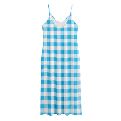Cyan Blue And White Gingham Print Jersey Midi Cami Dress