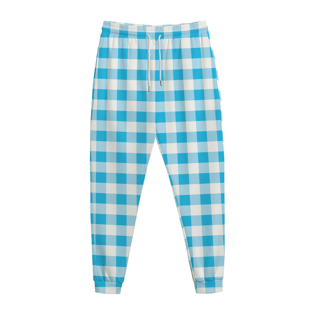 Cyan Blue And White Gingham Print Jogger Pants