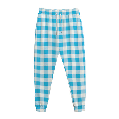 Cyan Blue And White Gingham Print Jogger Pants