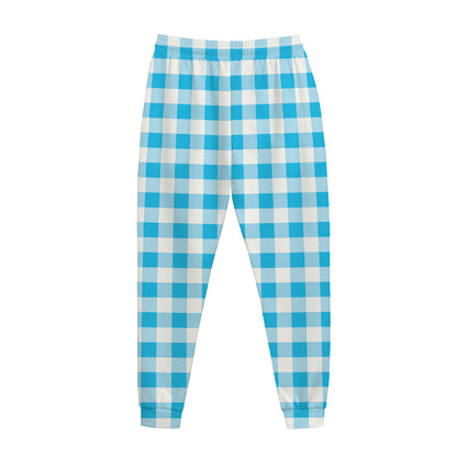 Cyan Blue And White Gingham Print Jogger Pants