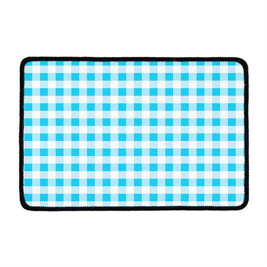 Cyan Blue And White Gingham Print Kitchen Mat