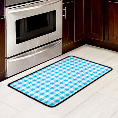 Cyan Blue And White Gingham Print Kitchen Mat