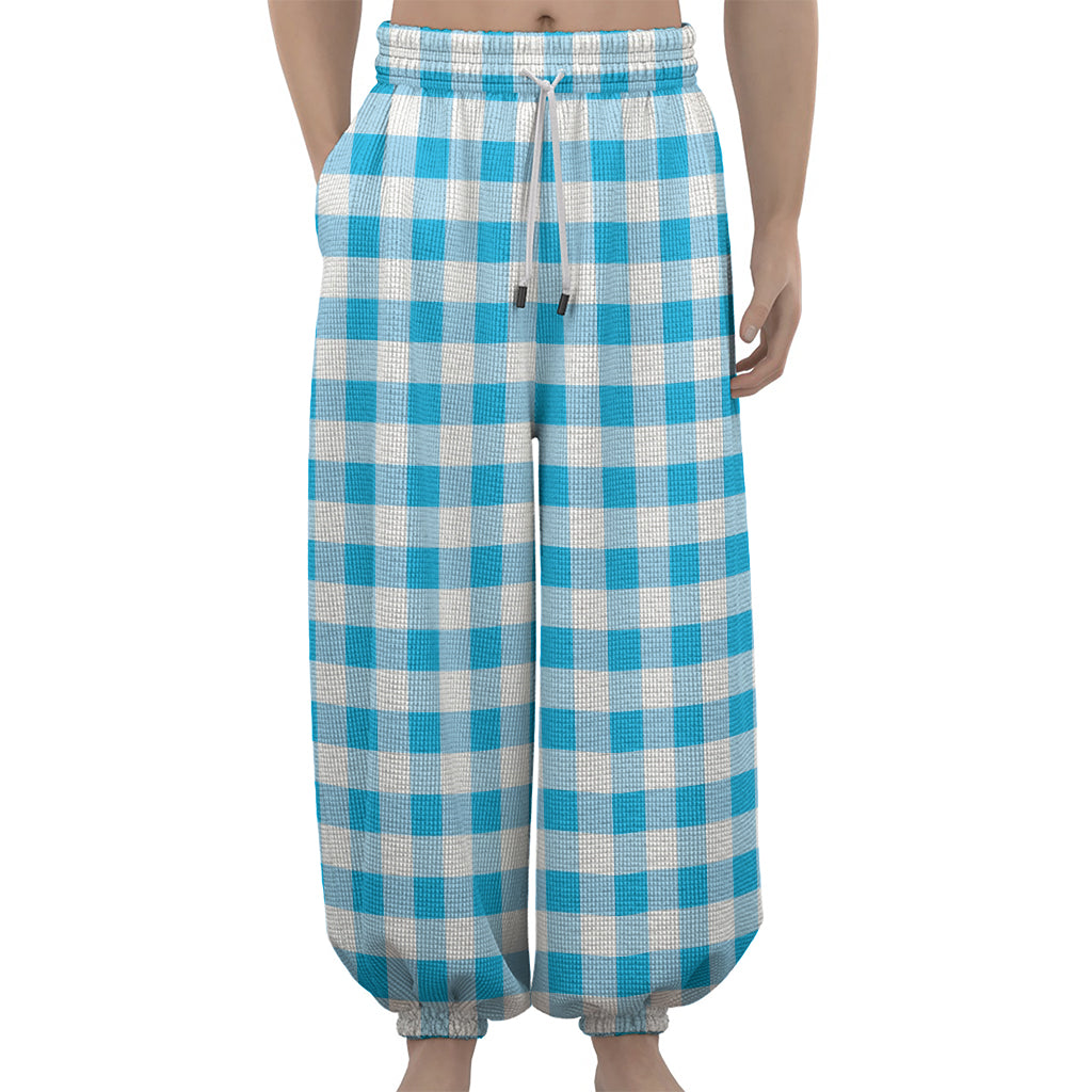 Cyan Blue And White Gingham Print Lantern Pants