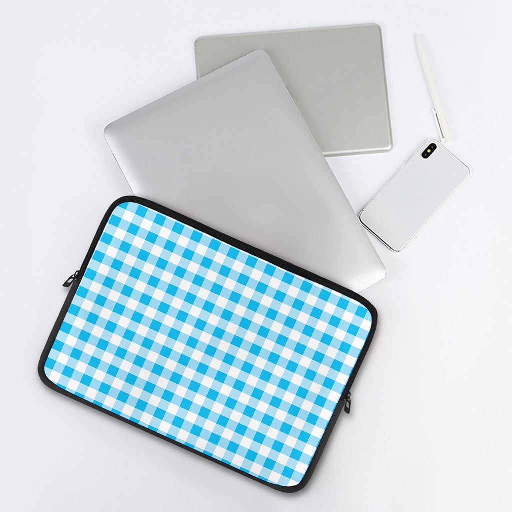 Cyan Blue And White Gingham Print Laptop Sleeve
