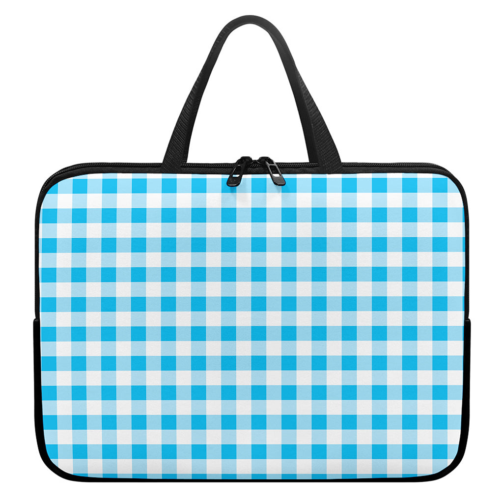 Cyan Blue And White Gingham Print Laptop Sleeve With Handle