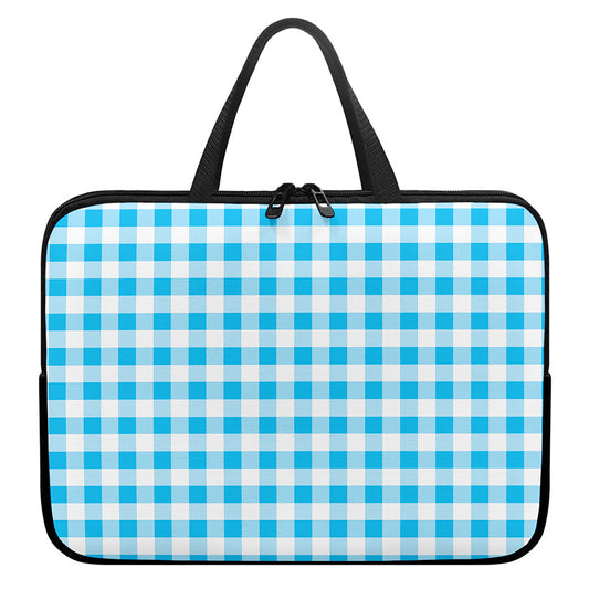 Cyan Blue And White Gingham Print Laptop Sleeve With Handle