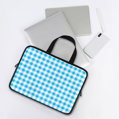 Cyan Blue And White Gingham Print Laptop Sleeve With Handle