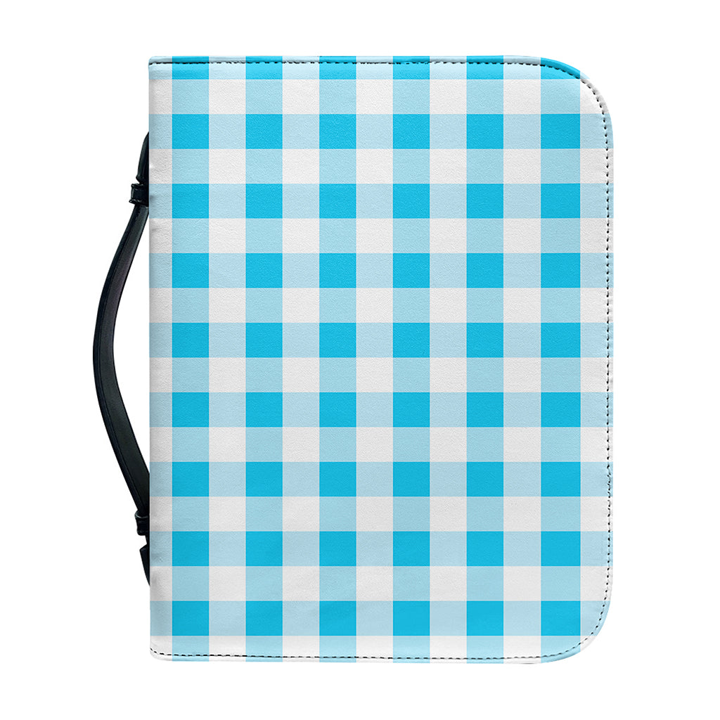 Cyan Blue And White Gingham Print Leather Bible Cover