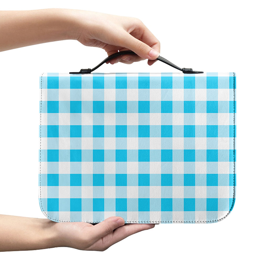 Cyan Blue And White Gingham Print Leather Bible Cover