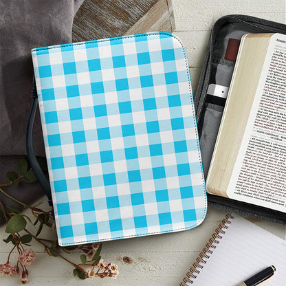 Cyan Blue And White Gingham Print Leather Bible Cover