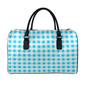 Cyan Blue And White Gingham Print Leather Duffel Bag