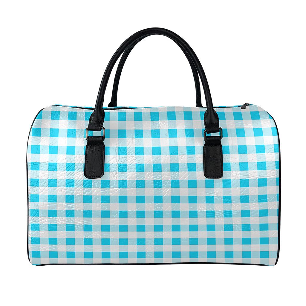 Cyan Blue And White Gingham Print Leather Duffle Bag