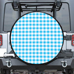 Cyan Blue And White Gingham Print Leather Spare Tire Cover