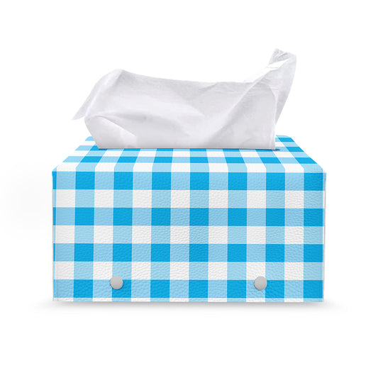 Cyan Blue And White Gingham Print Leather Tissue Box Cover