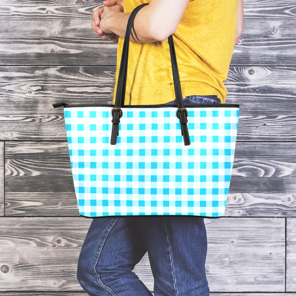 Cyan Blue And White Gingham Print Leather Tote Bag