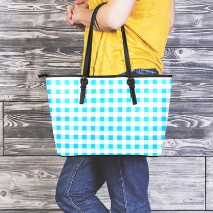 Cyan Blue And White Gingham Print Leather Tote Bag