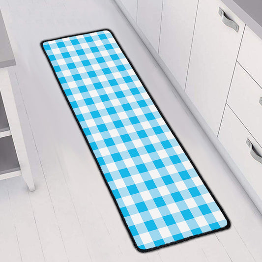 Cyan Blue And White Gingham Print Long Kitchen Mat