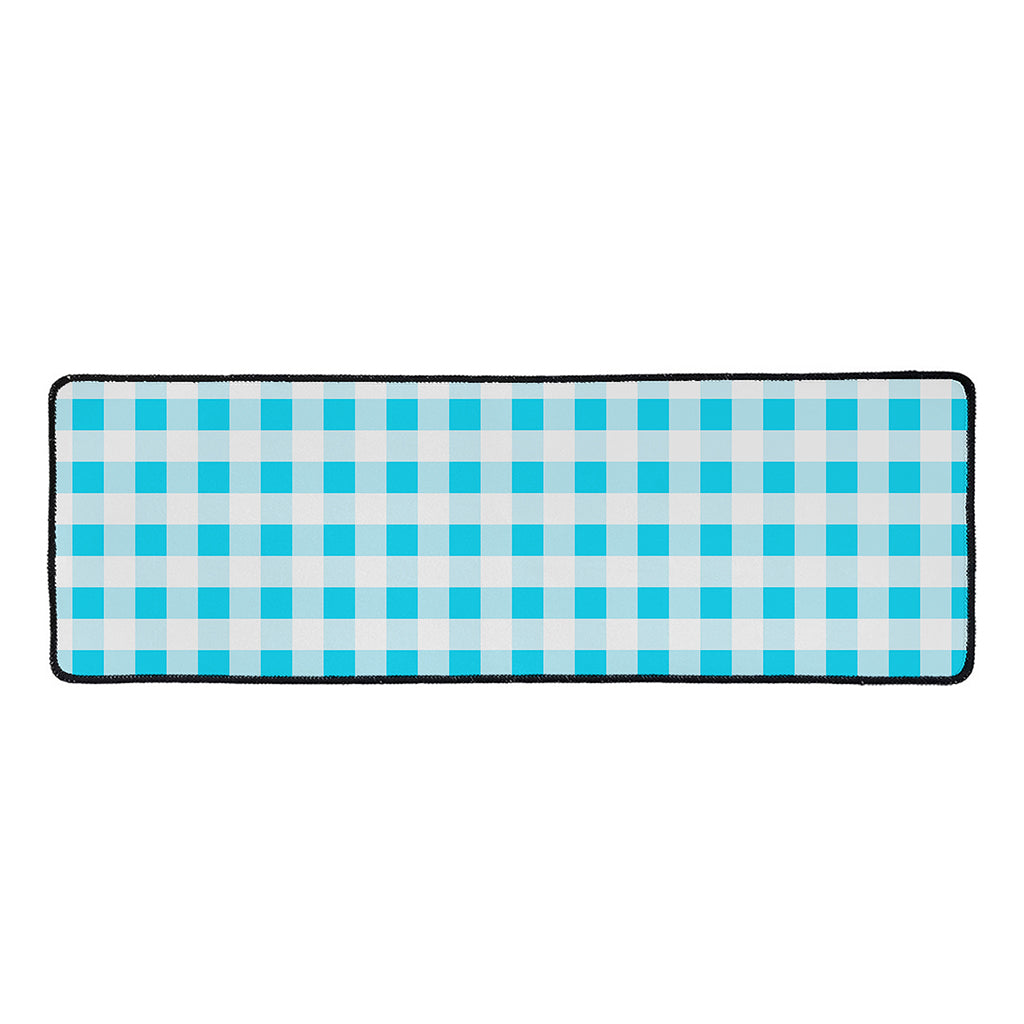 Cyan Blue And White Gingham Print Long Kitchen Mat