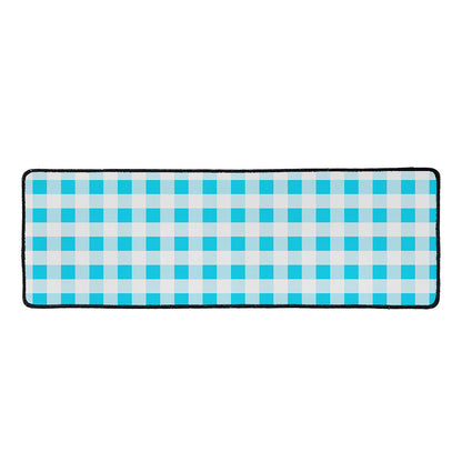 Cyan Blue And White Gingham Print Long Kitchen Mat