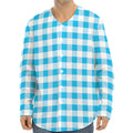 Cyan Blue And White Gingham Print Long Sleeve Baseball Jersey