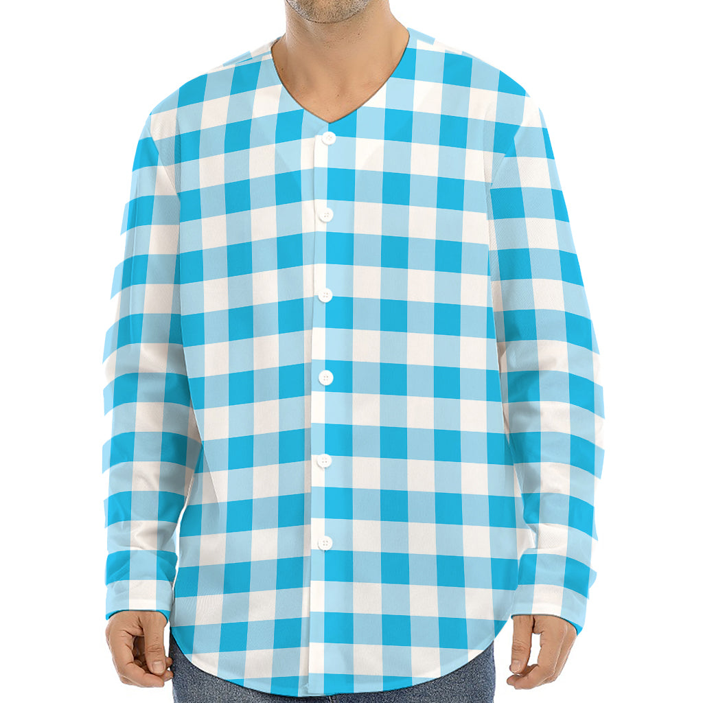Cyan Blue And White Gingham Print Long Sleeve Baseball Jersey