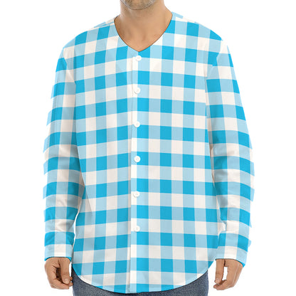 Cyan Blue And White Gingham Print Long Sleeve Baseball Jersey