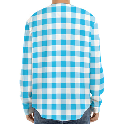 Cyan Blue And White Gingham Print Long Sleeve Baseball Jersey