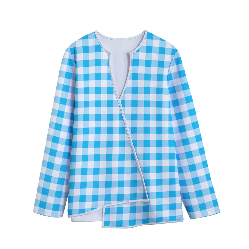 Cyan Blue And White Gingham Print Long Sleeve Short Coat