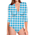Cyan Blue And White Gingham Print Long Sleeve Swimsuit